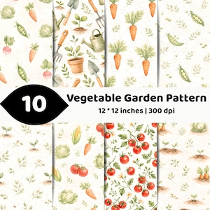 Op de afbeelding: Een digitale collectie van 10 moestuinpatronen met aquarelillustraties van wortels, tomaten, erwten, kolen en tuingereedschap op een lichte achtergrond. De tekst luidt 10 Vegetable Garden Pattern 12 * 12 inches | 300 dpi.