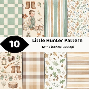 May include: A collection of 10 digital papers titled Little Hunter Pattern, each measuring 12 by 12 inches at 300 dpi. The designs feature watercolor illustrations of a child, forest animals, boots, lanterns, acorns, leaves, and various plaid and striped patterns.