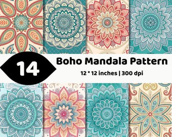 Op de afbeelding: Een digitale collectie van 14 mandala-patronen met ingewikkelde bloem- en geometrische ontwerpen in taling, koraal, crème en blauw. De tekst luidt 14 Boho Mandala Pattern 12 * 12 inches | 300 dpi. Deze grafische bestanden met hoge resolutie tonen symmetrische motieven.