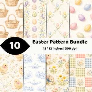 Könnte beinhalten: Ein digitales Oster-Musterpaket mit 10 Designs, die geflochtene Körbe, bunte Eier, Tulpen, Küken mit rosa Schleifen, Hasen und karierte Blumenquadrate zeigen. Der Text lautet 10 Easter Pattern Bundle 12 * 12 inches | 300 dpi.