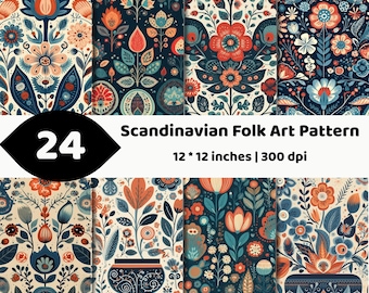 Scandinavian Folk Art Patterns Bundle | Nordic Floral Seamless Digital Paper (Digital Download)