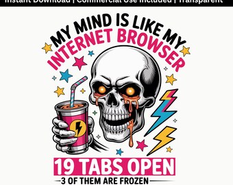 Funny Skull PNG Design | Internet Browser Meme Graphic | 19 Tabs Open Shirt Sublimation File