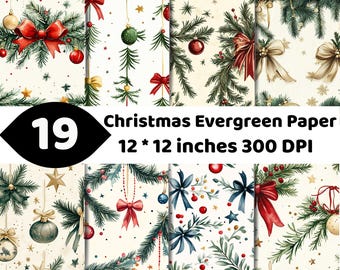 Vintage Christmas Evergreen Digital Paper | Holiday Foliage, Ornaments, Bows (19 Designs)