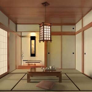 May include: An interior shot of a traditional Japanese room. The room features a low wooden table, tatami mats, and sliding doors. A square, wooden lantern hangs from the ceiling. Decorative swords and a scroll are visible on a raised platform.