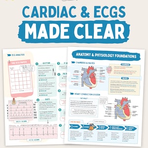 May include: Two educational study sheets titled Cardiac & ECGs Made Clear, featuring diagrams of the heart, conduction system, and ECG paper analysis. The pages include text, anatomical illustrations, and charts for medical study and reference.