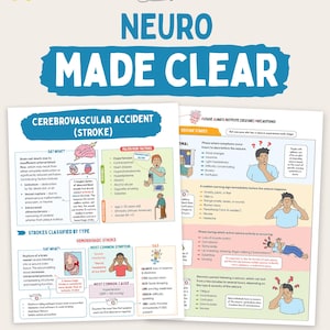 May include: Two educational study sheets titled Neuro Made Clear, featuring detailed medical illustrations and text about cerebrovascular accidents and seizure stages. The pages include colorful diagrams, bulleted lists, and clinical information.