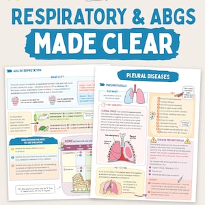 Könnte beinhalten: Bildungsleitfaden mit dem Titel Respiratory & ABGs Made Clear von Naked Nursing. Zwei Seiten zeigen Diagramme von Lungen, Pleuraerkrankungen, Pneumothorax und Spannungspneumothorax sowie Texte zur Interpretation von Blutgasanalysen und der ROME-Methode.