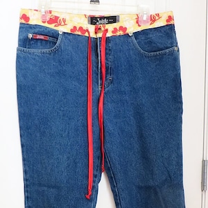 RARE 90s JALATE Jeans w/ Floral Ornamental Motif and Silk ~ Sz 7/8 ~ Red / Gold