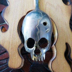 One-of-a-Kind KICKIN&#39; Hand-sculpted / Etched SKULL Spoon Framed on Handmade Hardwood ~ FLAMES