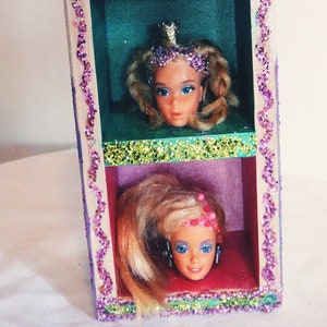 Handmade 3-Tiered Vintage Barbie Head Tower / Shadow Box / Fixture ~ Glitter Art