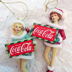 RETRO  Set of 2 Coca-Cola Santa Pinup Girl Ornaments / Snow Bunnies ~ Drink Coca-Cola Signs ~ Christmas