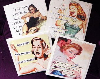 AWESOME Retro Pinup Girls Ceramic Tile Statement Coasters w/ Footers
