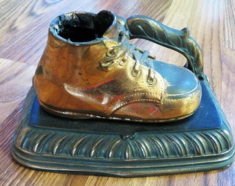 Vintage Authentic ~ Mounted ~ Bronze ~ Gilded ~ Baby Shoe ~ Bookend