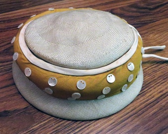 Vintage 50s Ladies Straw Woven Pill Box Hat ~ Gold ~ Ivory Shell Buttons ~ by ADJ. M.S.C.