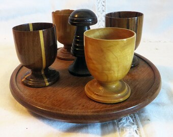 Beautiful Vintage Set of 4 Wood Cordial Cups / Shot Glasses w Base