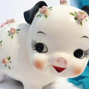 CUTESY Oink-Oink Vintage &#39;50s MCM Kitsch Norcrest Porcelain Ceramic Piggy Bank ~ Roses ~ Japan