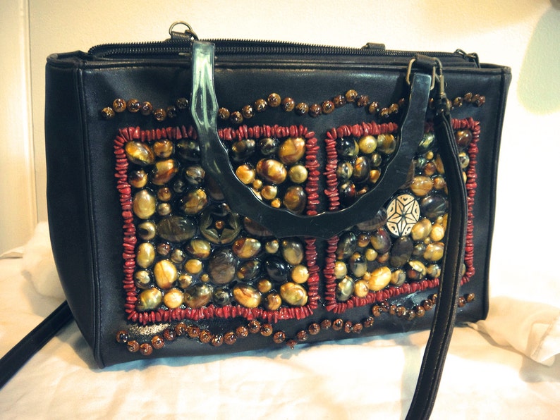 Retro Vintage Multicolor Brown Stone Beads Hippie Pleather Purse/Handbag/Clutch image 1