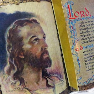 Vintage Gold Painted Open-Book Collage Bible w Jesus Portrait ~ Prayer of St. Francis of Assisi (Prayer for Peace)