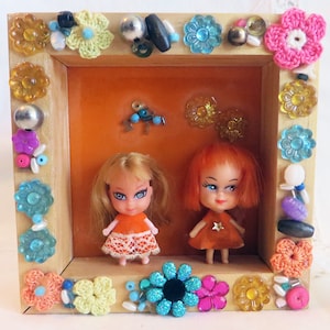 FUN Retro Handmade Vintage Liddle Kiddle Dolls Shadow Box  / Fixture ~ Art ~ Flower Beads ~ Barbie