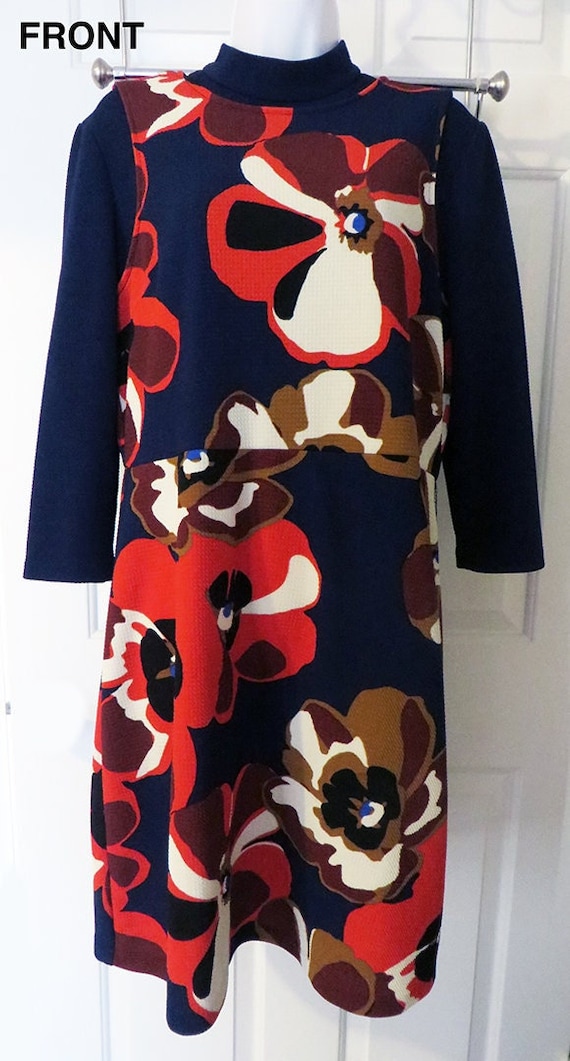 Retro Mod ECI New York Layered look Shift Mock Turtleneck Floral Dress Navy Orange Caramel Brown Sz XL Etsy