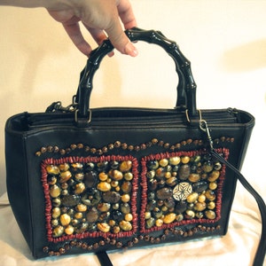 Retro Vintage Multicolor Brown Stone Beads Hippie Pleather Purse/Handbag/Clutch image 3