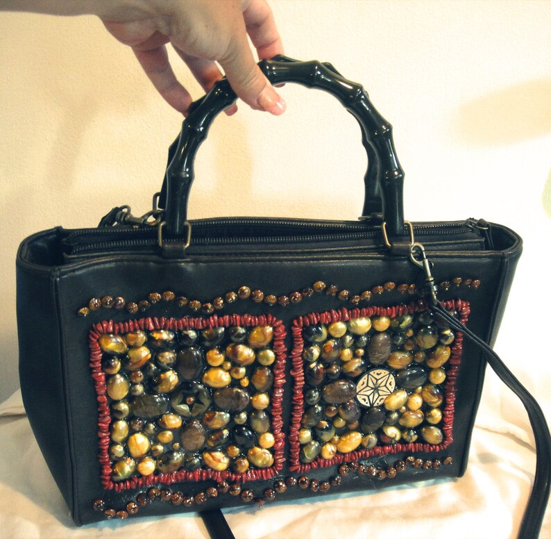 Retro Vintage Multicolor Brown Stone Beads Hippie Pleather Purse/Handbag/Clutch image 3