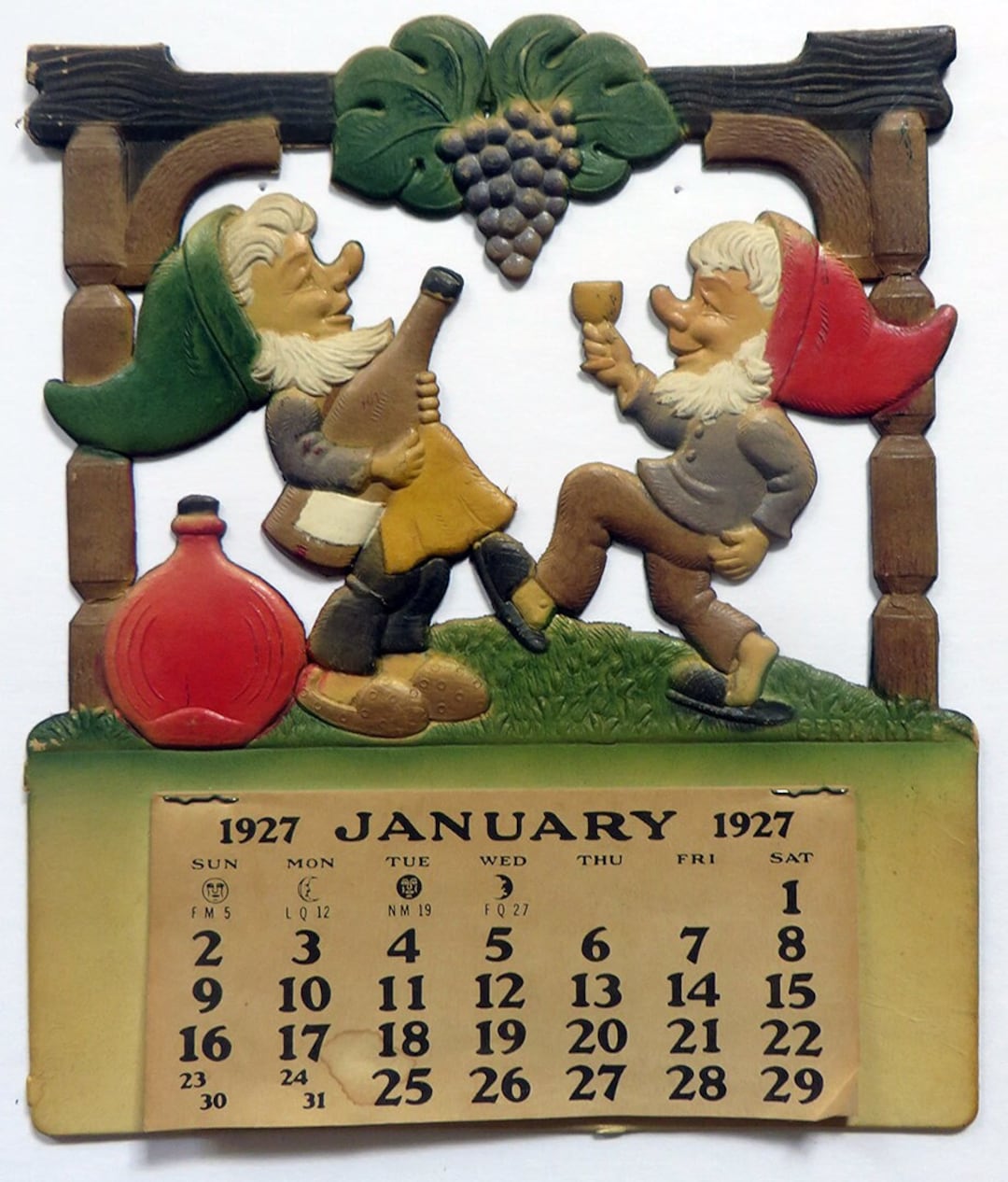 Vintage 1927 Embossed Gnome Calendar W/ Flip Pages ~ Wine / Grapes ...