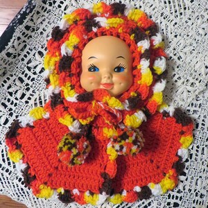 Vintage 1970s Handmade Girl Doll Face Crochet Pot Holders w Pom Poms ~ Wall Hanging ~ Fall Colors: Bright Orange/Brown/Yellow