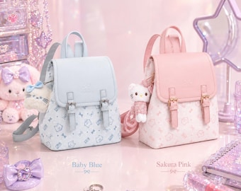 Mini mochila con estampado de gato azul claro, bolso de hombro pequeño kawaii, dije de peluche