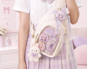 Mochila bandolera Kawaii, mochila cruzada transparente, pin de anime, mochila escolar en tonos pastel.
