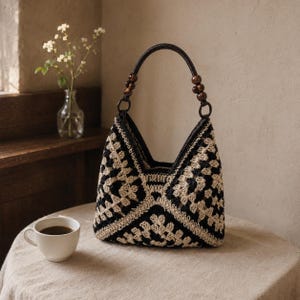 Puede incluir: Un bolso de ganchillo con un patr&oacute;n geom&eacute;trico de cuadrados de la abuela en negro y beige. El bolso tiene un asa &uacute;nica adornada con cuentas de madera de color marr&oacute;n oscuro a cada lado, unida al cuerpo principal mediante anillos circulares.