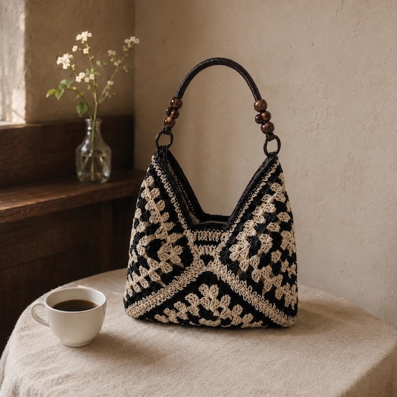 Boho Crochet Shoulder Bag, Woven Hobo Tote Purse, Raffia Style Summer Beach Handbag, Cottagecore Everyday Bag, Gift for Her