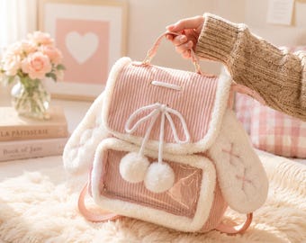 Mochila Ita de conejito de peluche, bolsa de exhibición de pana rosa Kawaii, mini bolso con dije