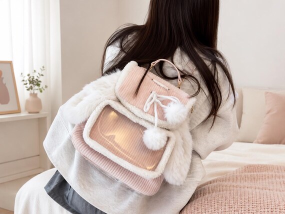 Plush Bunny Ita Backpack, Kawaii Pink Corduroy Display Bag, Mini