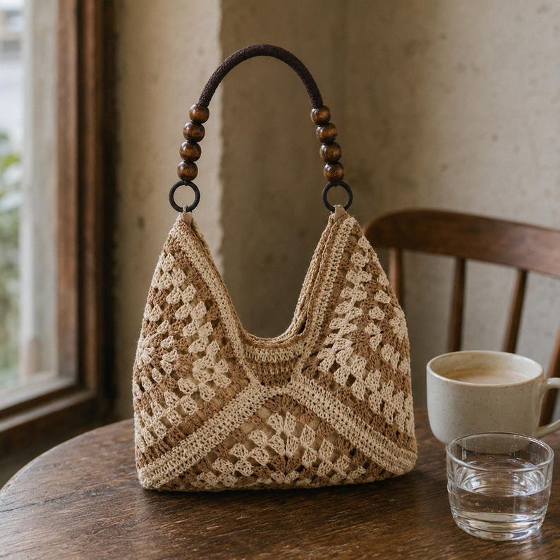 Puede incluir: Un bolso de ganchillo con un patr&oacute;n de cuadrados granny en beige y marr&oacute;n. El bolso tiene una abertura superior curva y un asa &uacute;nica adornada con cuentas de madera marr&oacute;n oscuro a cada lado, unida al cuerpo mediante anillos circulares.