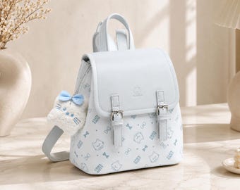 Baby Blue Cat Print Mini Backpack Purse, Kawaii Small Shoulder Bag, Plush Charm
