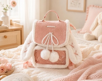 Mochila Ita de conejito de peluche, bolsa de exhibición de pana rosa Kawaii, mini bolso con dije