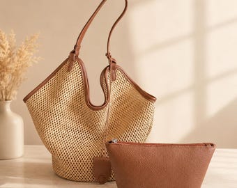 Bolso tote de paja tejida, bolso de hombro minimalista de verano, bolso de playa ligero, uso casual diario.