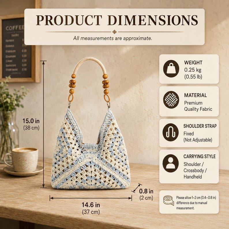 Puede incluir: Un bolso de ganchillo con un patr&oacute;n geom&eacute;trico en azul claro y crema, un asa fija con cuentas de madera, y unas dimensiones de 38 cm de alto y 37 cm de ancho. El bolso pesa 0,25 kg y est&aacute; hecho de tela de calidad superior.