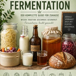 Könnte beinhalten: Ein Bild, das die Kunst der Fermentation zeigt, mit verschiedenen Gläsern und Behältern, die mit fermentierten Lebensmitteln und Getränken gefüllt sind. Sauerkraut, Kefir, Kvass und Kombucha sind zu sehen.