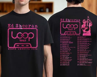T-shirt Ed Sheeran Loop Tour 2026, dates de concerts en Amérique du Nord, illustration recto-verso de cassette de guitare