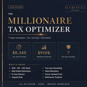 Könnte beinhalten: Dunkelblaue Grafik mit dem Text "MILLIONAIRE TAX OPTIMIZER" und "2026 EDITION". Sie enthält Finanzdaten: 8.340 $ durchschnittliche jährliche Ersparnisse, 910.000 $ Rentenprognose und 7 IRS-Rechtsstrategien. Die Grafik listet Steuerstrategien auf.