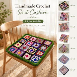 May include: A square handmade crochet seat cushion featuring a colorful granny square pattern with a green border. The cushion measures 17.7 by 17.7 inches. The image displays seven distinct style variations of the cushion in a grid layout.