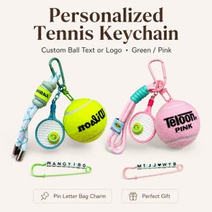 Llavero de tenis personalizado: texto/logotipo de pelota personalizado, dije con pin (verde/rosa)