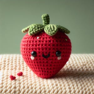 Può includere: Una fragola all'uncinetto fatta a mano con un viso sorridente, occhi neri e lacrime bianche. La fragola è rossa con foglie verdi e un gambo verde. Due piccoli cuori rossi sono accanto alla fragola. La fragola è su una superficie color crema.