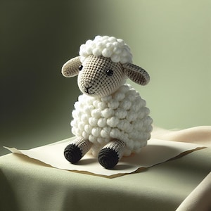 May include: A crocheted sheep toy with a white, fluffy body and a tan head, ears, and legs. The sheep has black eyes and a smiling face. The toy is resting on a piece of off-white paper.