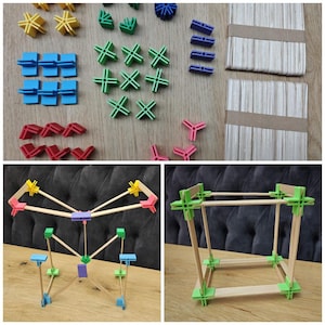 Op de afbeelding: Een constructiespeelgoedset met diverse kleurrijke plastic verbindingsstukken in geel, groen, blauw, rood en paars, samen met bundels houten stokjes. De set bevat geassembleerde structuren zoals een geometrisch frame en een kubusvormig model.