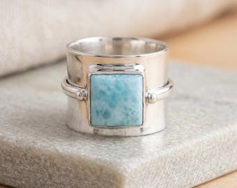 Natuurlijke larimar-ring 925 sterlingzilveren brede band, vierkante edelsteen Cadeau voor haar sieraden