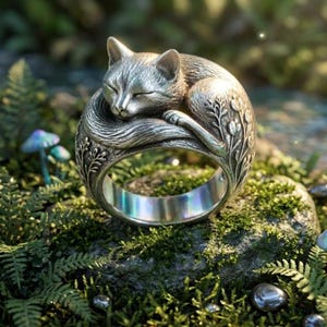 May include: A silver-toned ring featuring a sculpted, sleeping cat curled around the band. The metal surface displays intricate, embossed floral and botanical details along the sides, with the cat's head resting peacefully on its own tail.