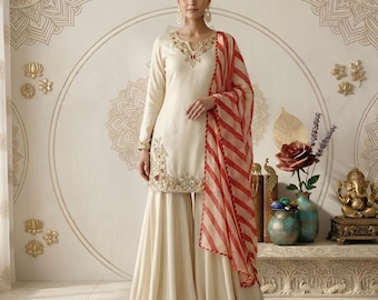 Crèmekleurige Palazzo Salwar Kameez: crêpezijde geborduurde Punjabi korte Kurti set Pakistaanse jurk